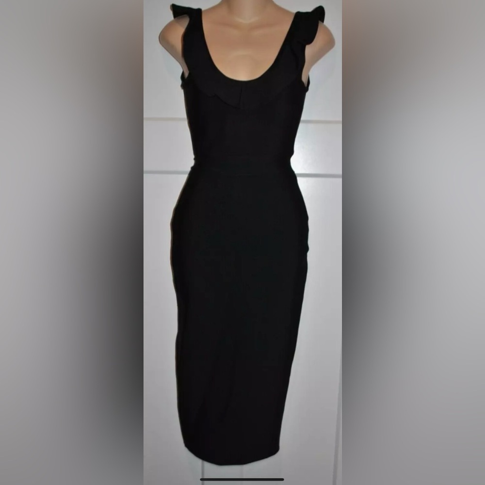 MISS CIRCLE New York Black Bandage Bodycon Midi Ruffle Sleeve Low Back Dress XS